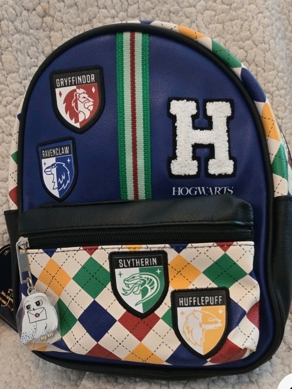 Harry Potter Hogwarts Houses Mini Backpack with Hedwig Charm and House Crests